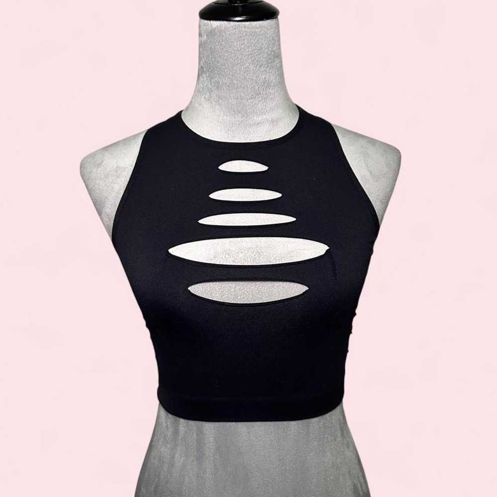 Garage Seamless Front Cutout High Neck Crop Tank Top Womens TP XS Black